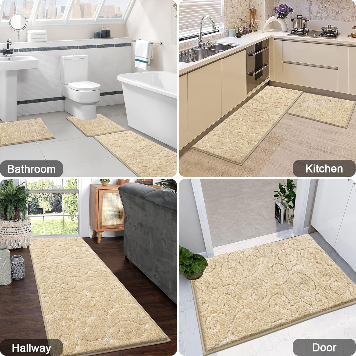 HEBE Bathroom Rug Set of 3-Piece Non Slip Bath Shower Mats with U-Shaped Toilet Mat, Absorbent Microfiber Washable Shaggy Bathroom Floor Carpet