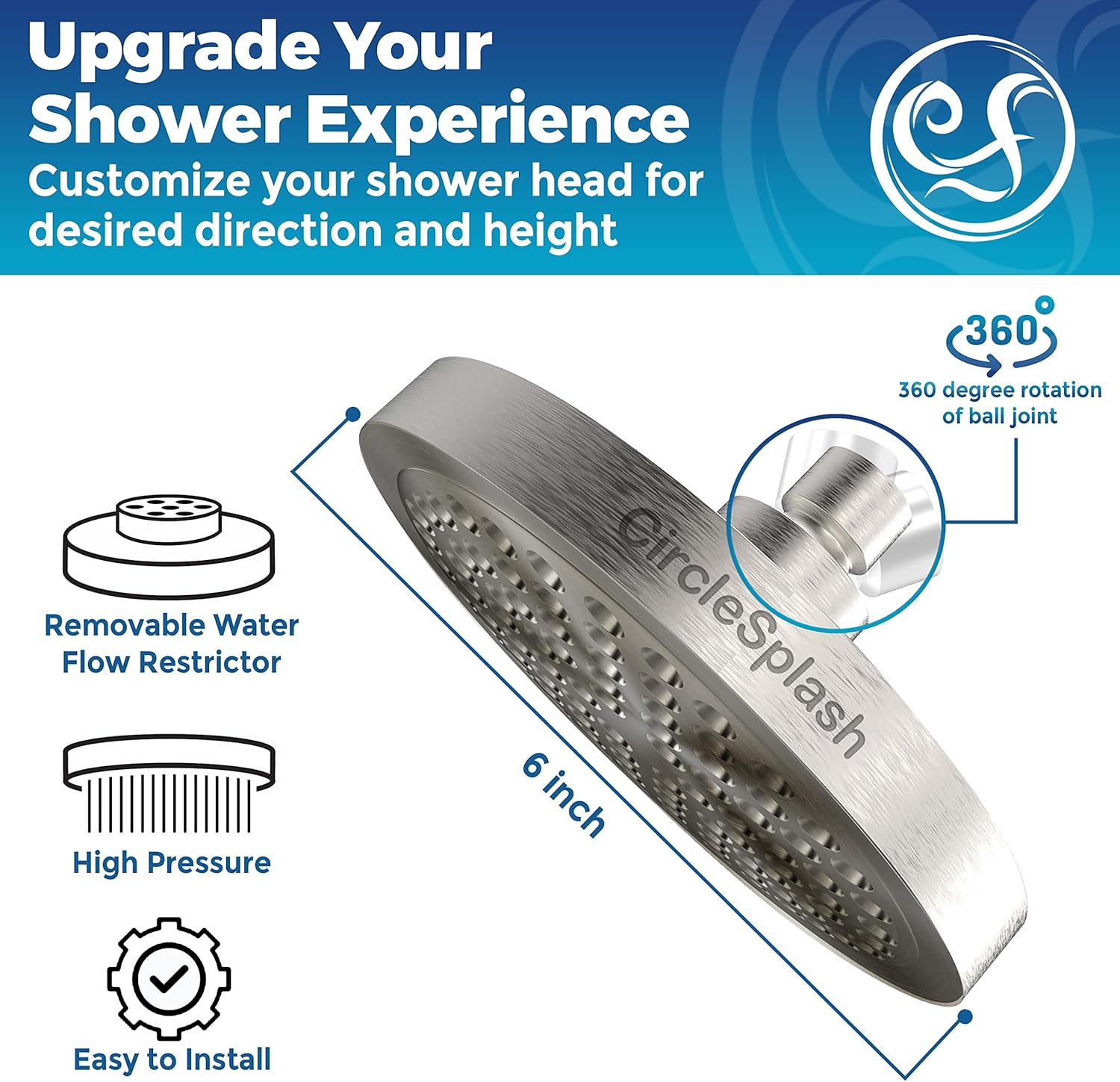 High Pressure Shower Head - Anti-Clogging Silicone Nozzles - 2.5 GPM Removable Restrictor - Easy to Clean Adjustable Replacement - easy to install with Plumbers Tape - 6 inch - Brushed Nickel Finish