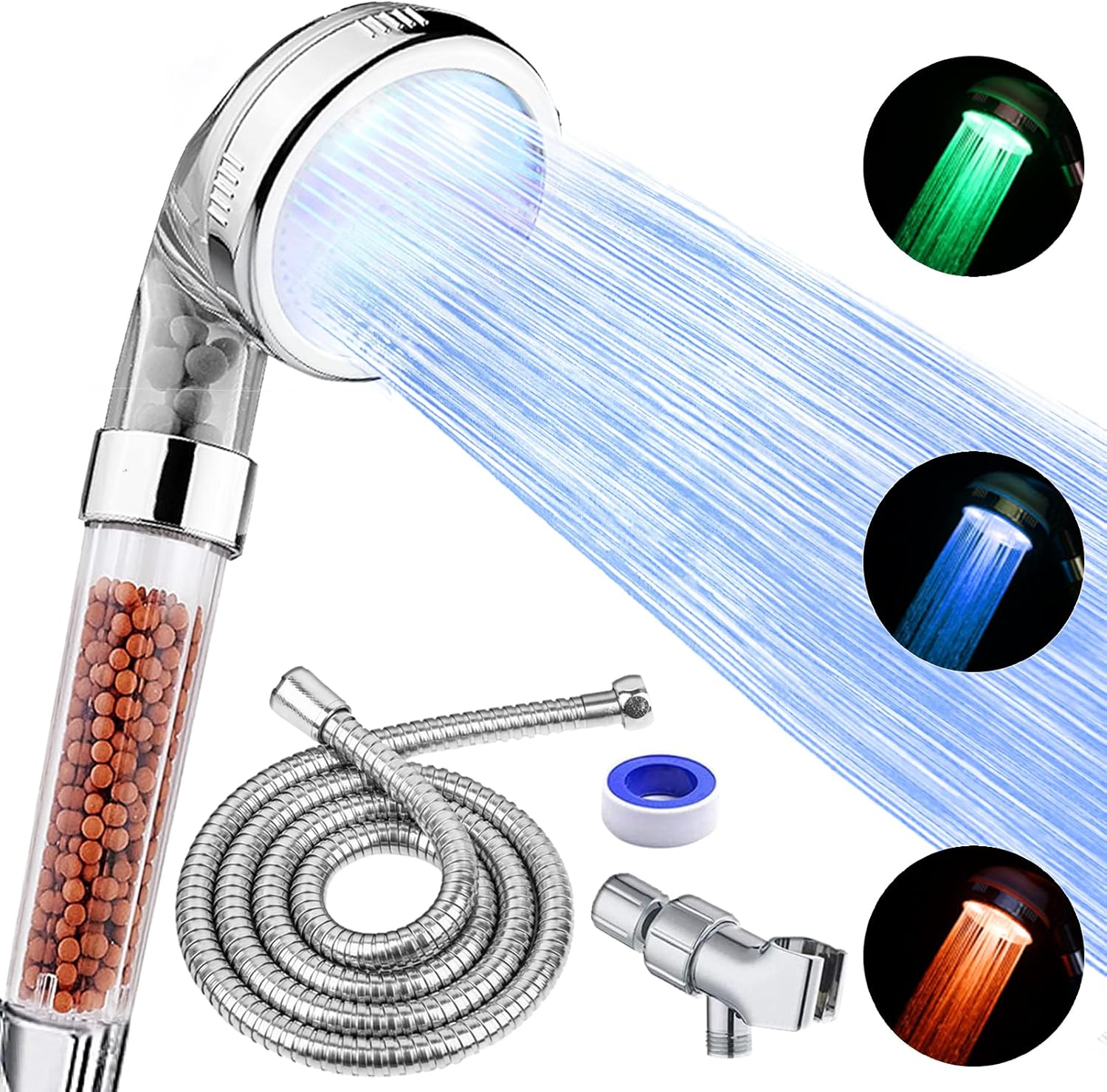 LED Shower Head with Handheld, High Pressure Shower Head with Hose, Holder  PTFE Tape etc, 3 Water Temperature-Controlled Water Saving Filtered Shower Head for Dry Hair Skin