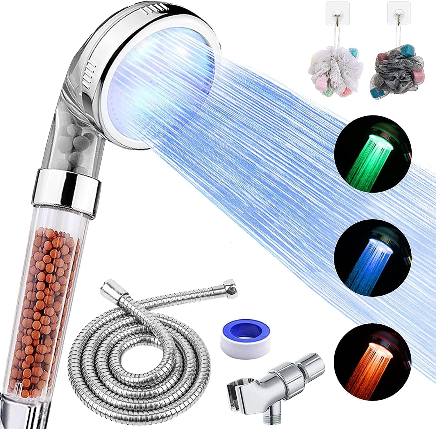 LED Shower Head with Handheld, High Pressure Shower Head with Hose, Holder  PTFE Tape etc, 3 Water Temperature-Controlled Water Saving Filtered Shower Head for Dry Hair Skin