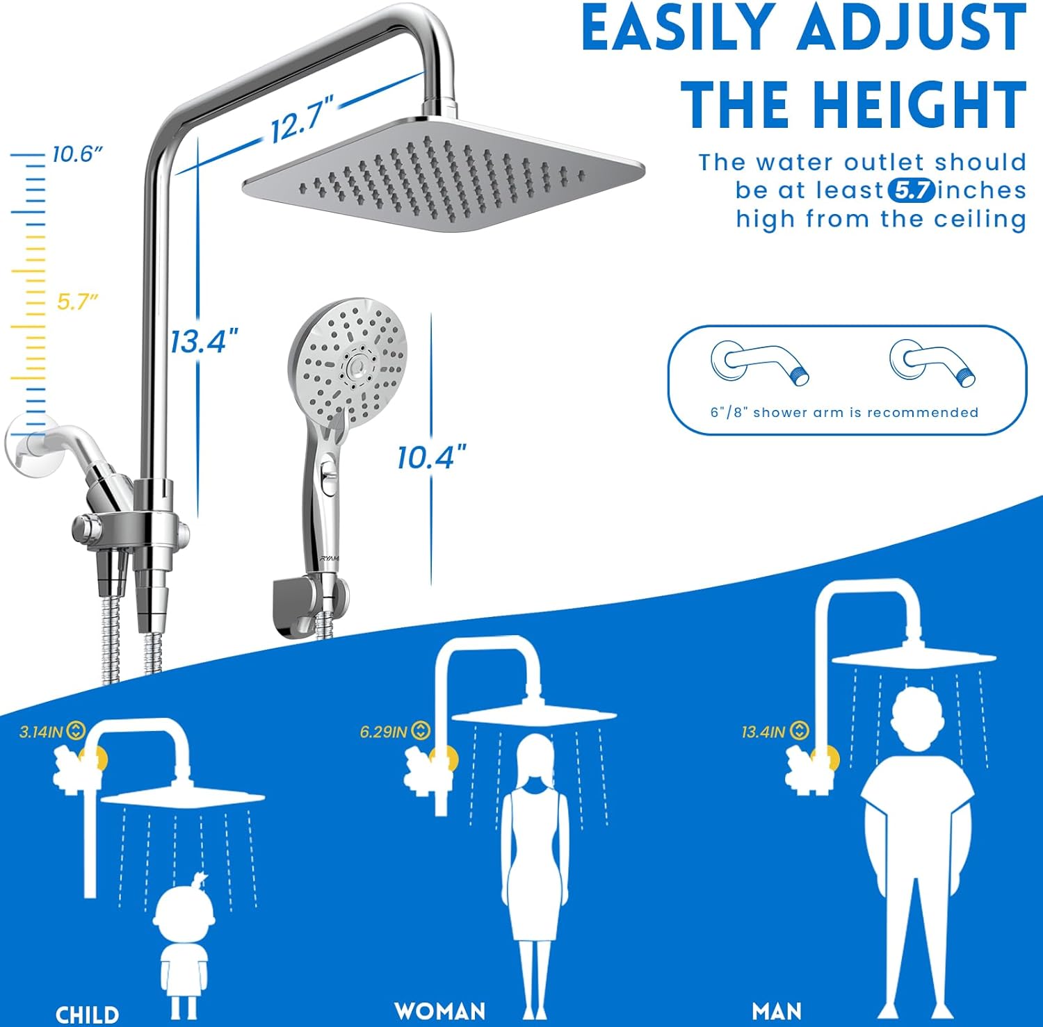 Ryamen Dual Shower Head Combo, 8 High Pressure Rain Shower Head with Handheld Spray, 6 Settings Handheld Showerhead, 15 Height Adjustable Slide Bar, Angle Adjustable, Chrome Polished Ryamen Dual Shower Head Combo, 8 High Pressure Rain Shower Head with Handheld Spray, 6 Settings Handheld Showerhead, 15 Height Adjustable Slide Bar, Angle Adjustable, Chrome Polished