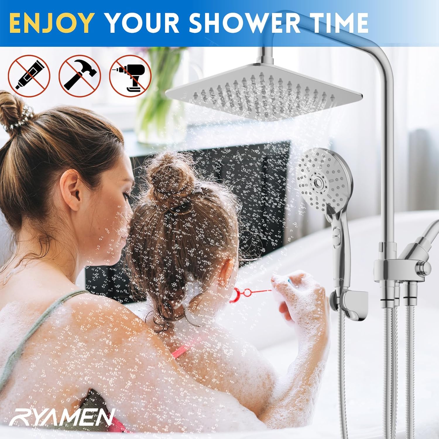 Ryamen Dual Shower Head Combo, 8 High Pressure Rain Shower Head with Handheld Spray, 6 Settings Handheld Showerhead, 15 Height Adjustable Slide Bar, Angle Adjustable, Chrome Polished Ryamen Dual Shower Head Combo, 8 High Pressure Rain Shower Head with Handheld Spray, 6 Settings Handheld Showerhead, 15 Height Adjustable Slide Bar, Angle Adjustable, Chrome Polished