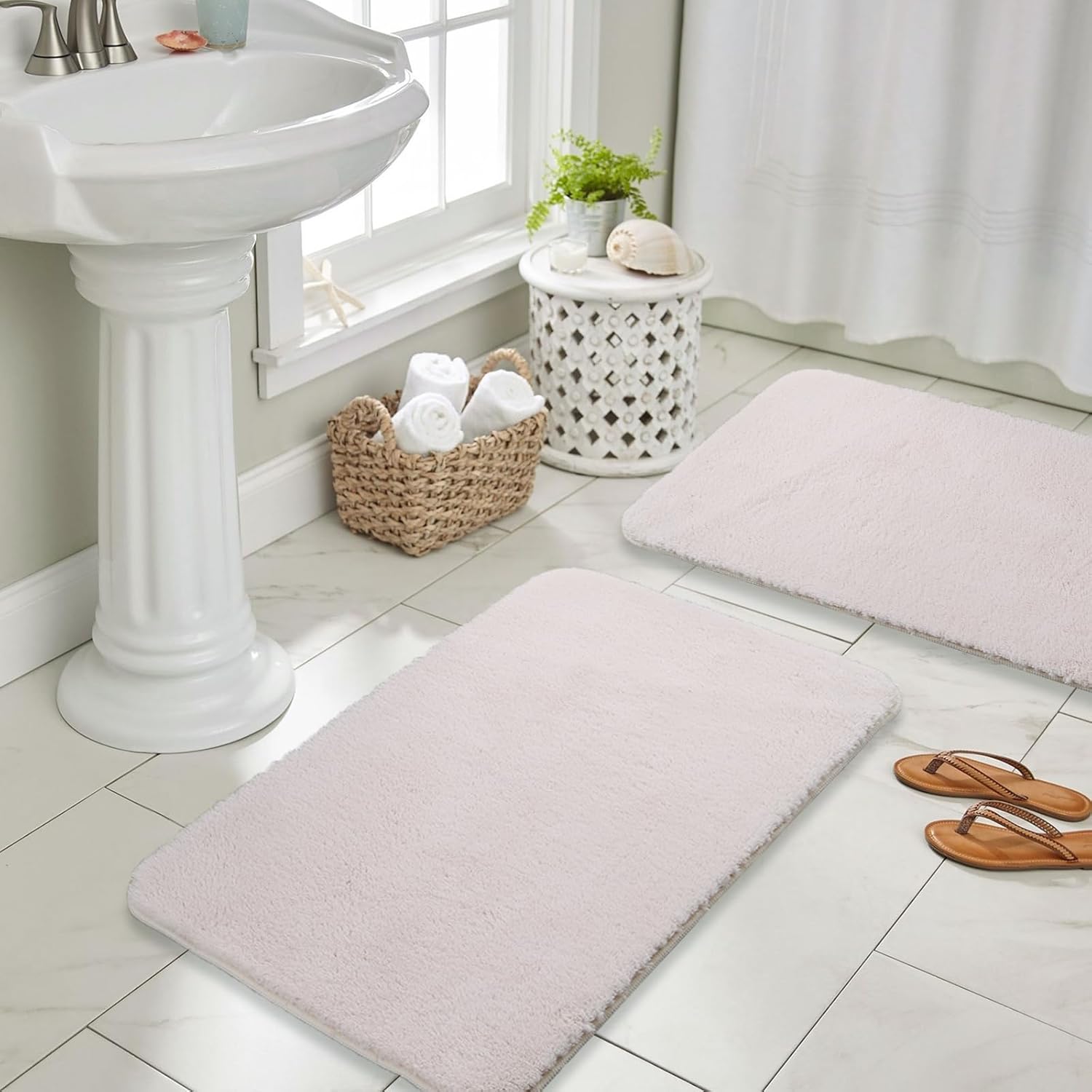 Yancorp Plush Thick Bath Mat 24x59, Soft Non-Slip Machine Washable Absorbent Microfiber Cream Bathroom Carpet for Shower  Bathtub