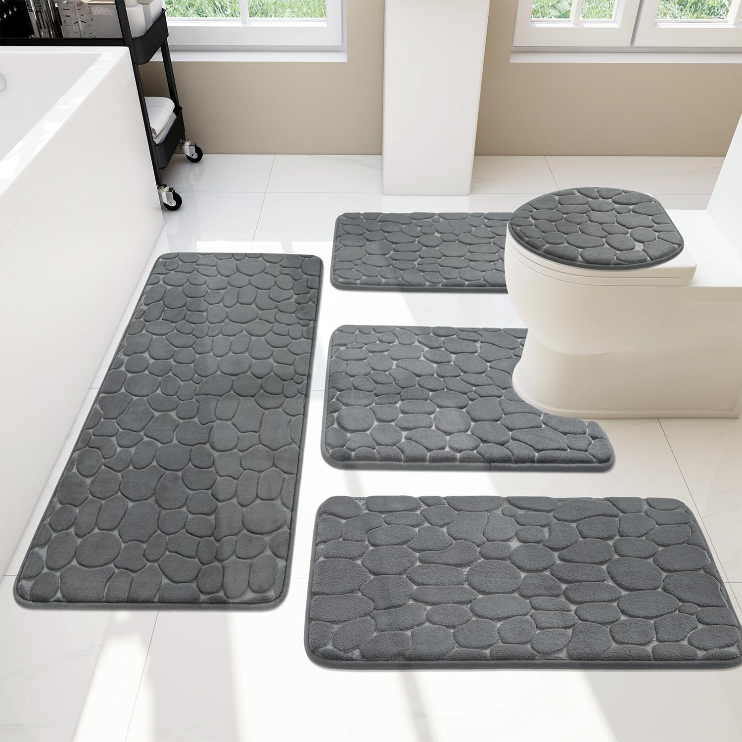 YIHOUSE Bathroom Rugs Mat Set 5 Piece Dark Grey, Memory Foam Bath Mats Sets, Non Slip Water Absorbent Washable Bath Rugs for Sink, Toilet and Floor YIHOUSE Bathroom Rugs Mat Set 5 Piece Dark Grey, Memory Foam Bath Mats Sets, Non Slip Water Absorbent Washable Bath Rugs for Sink, Toilet and Floor