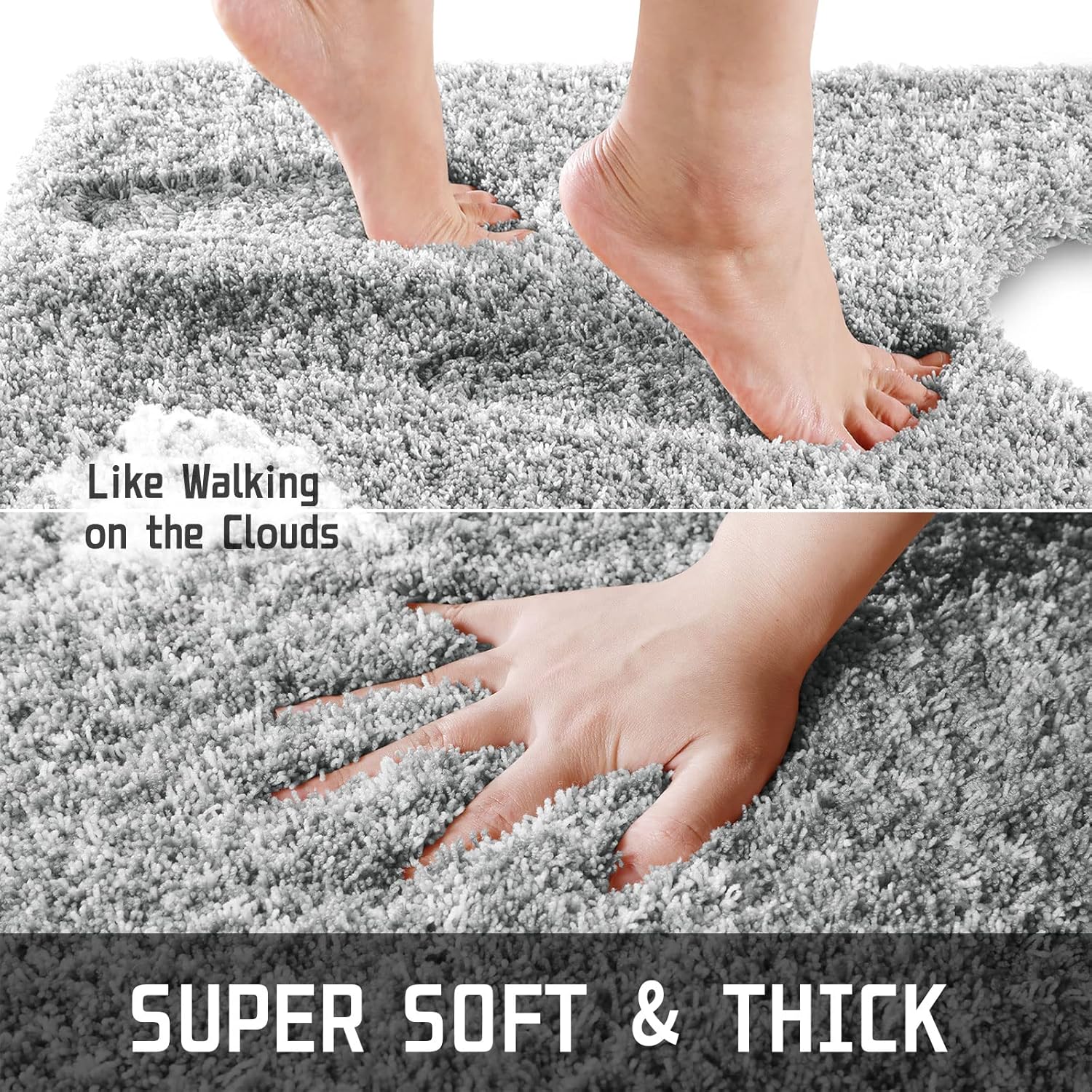 Yimobra Bathroom Rugs Sets 2 Piece, Soft Absorbent Bath Mat and U-Shaped Toilet Rug with Non Slip Backing, Machine Washable, Plush Shaggy Bath Mats for Bathroom, 24x17+24x20, Light Gray and White