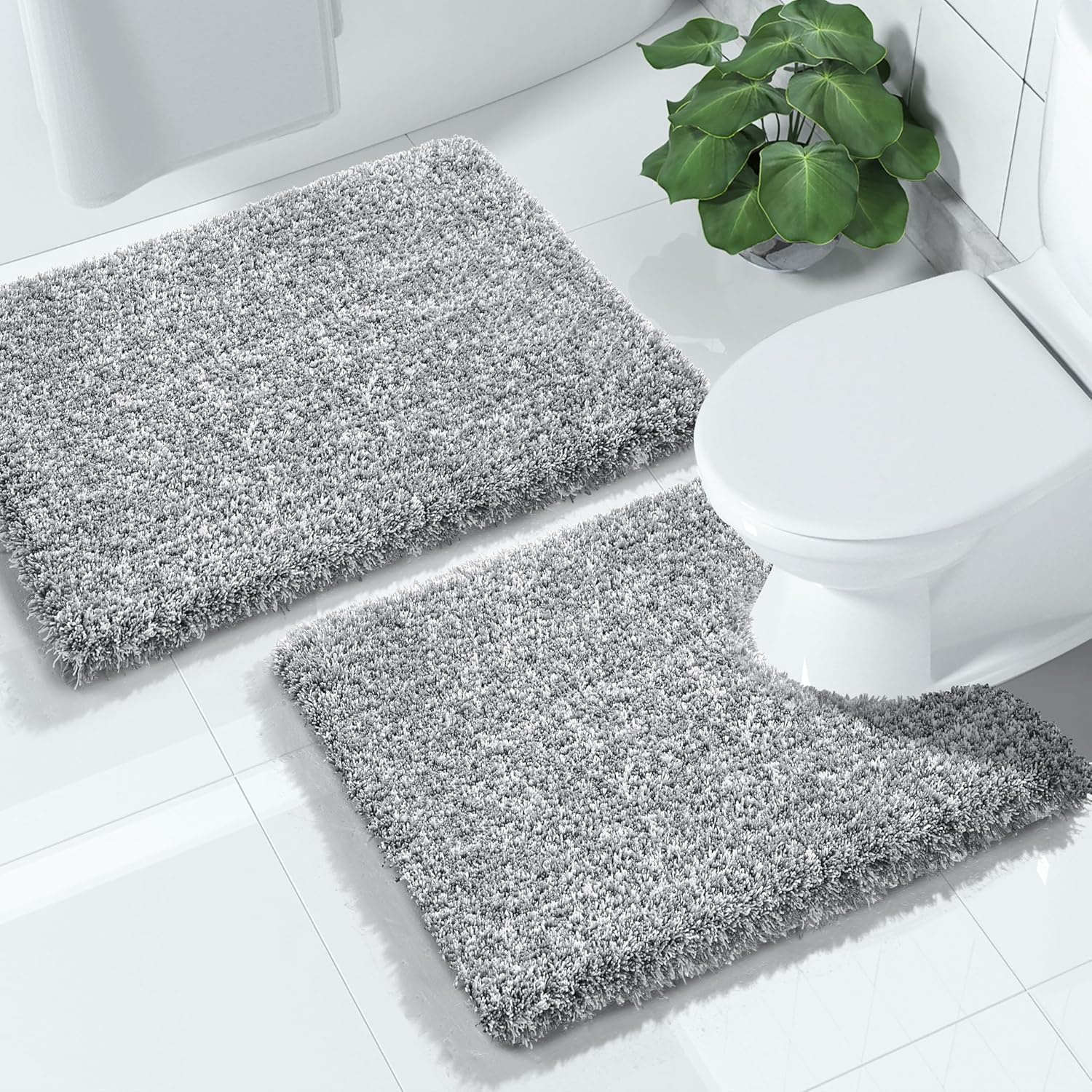 Yimobra Bathroom Rugs Sets 2 Piece, Soft Absorbent Bath Mat and U-Shaped Toilet Rug with Non Slip Backing, Machine Washable, Plush Shaggy Bath Mats for Bathroom, 24x17+24x20, Light Gray and White
