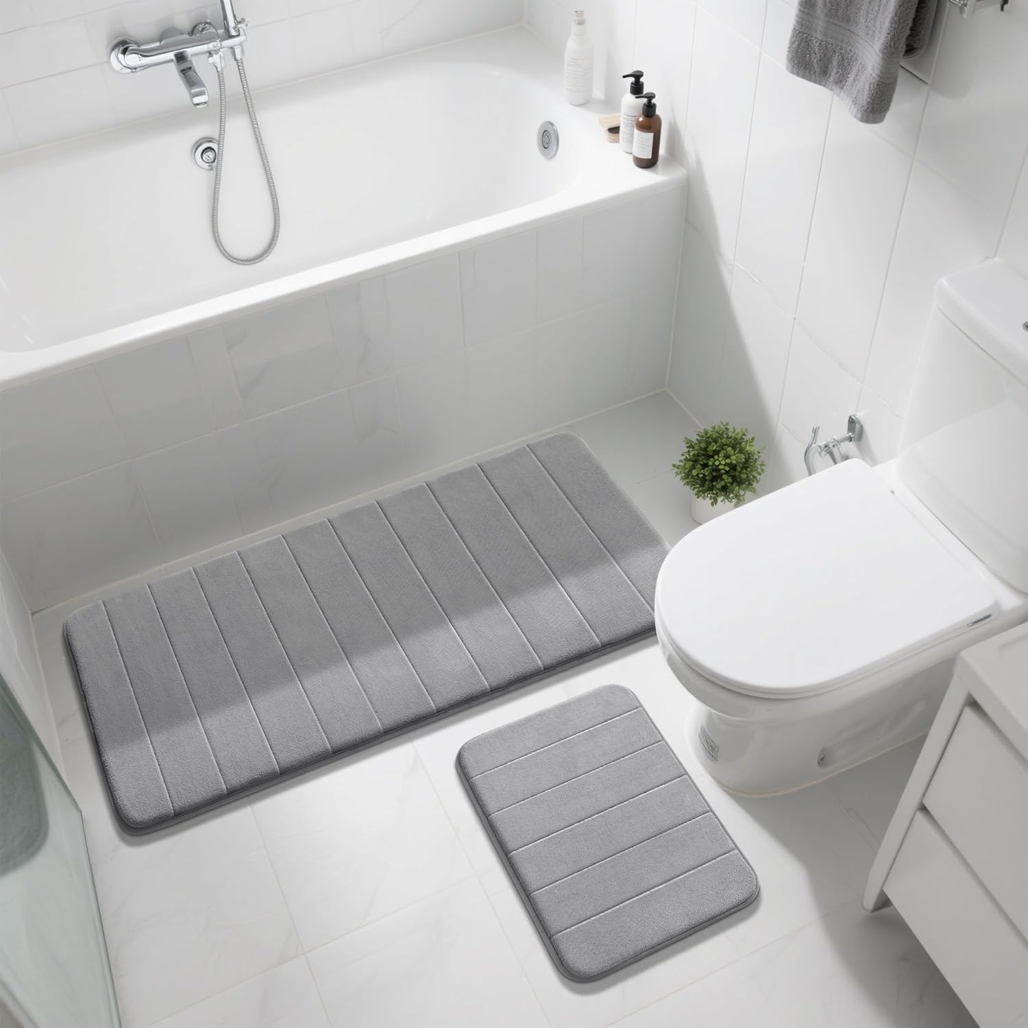 Yimobra Large Bath Mat Set 2 Piece- Super Soft Absorbent Quick Dry Memory Foam Bathroom Rugs, Machine Washable Non Slip Floor Carpet for Tub Shower  Double Vanity (17x24  44x24, Gray)