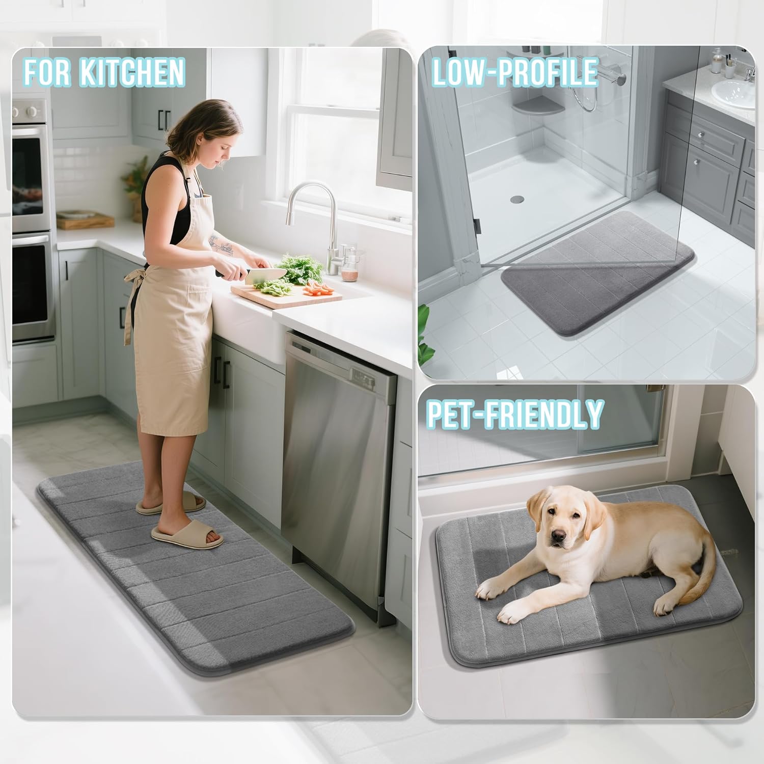 Yimobra Large Bath Mat Set 2 Piece- Super Soft Absorbent Quick Dry Memory Foam Bathroom Rugs, Machine Washable Non Slip Floor Carpet for Tub Shower  Double Vanity (17x24  44x24, Gray)