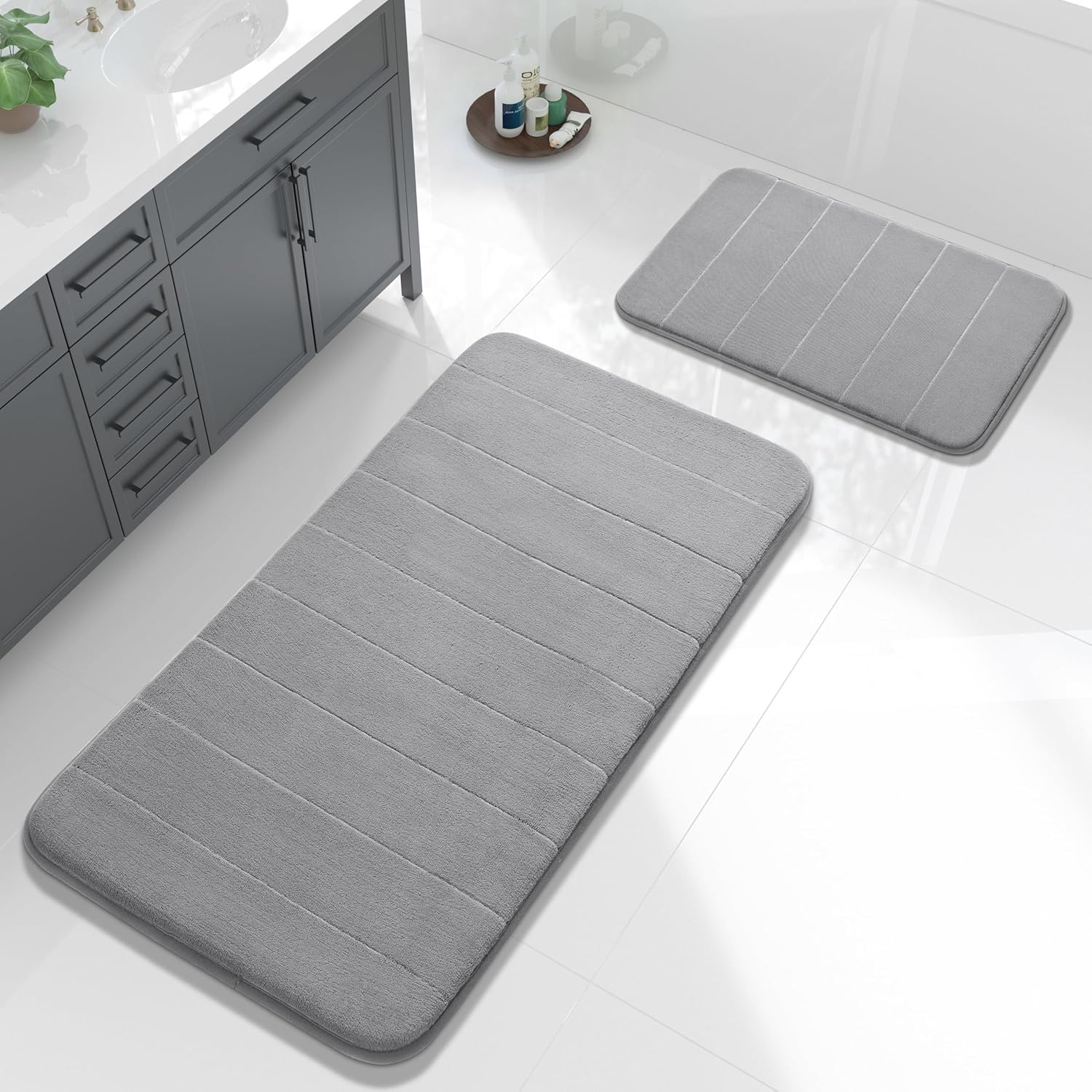 Yimobra Large Bath Mat Set 2 Piece- Super Soft Absorbent Quick Dry Memory Foam Bathroom Rugs, Machine Washable Non Slip Floor Carpet for Tub Shower  Double Vanity (17x24  44x24, Gray)