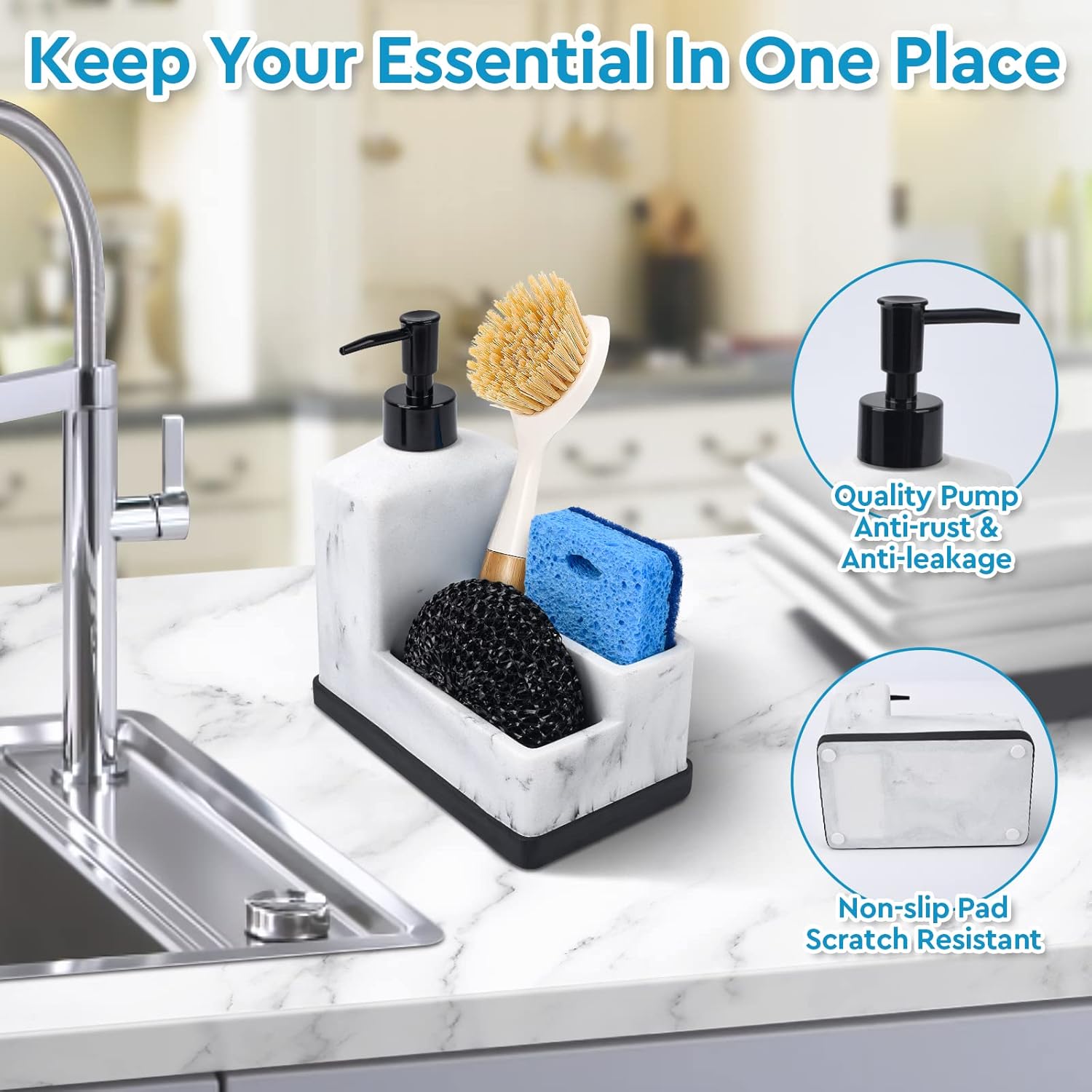 Dish Soap Dispenser with Sponge Holder,Liquid Hand and Dish Soap Dispenser and Spong Caddy with Brush Holder 3 in 1 Countertop Organizer for Kitchen Sink and Bathroom,Black