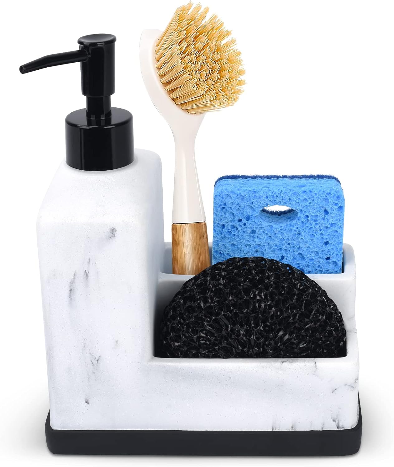 Dish Soap Dispenser with Sponge Holder,Liquid Hand and Dish Soap Dispenser and Spong Caddy with Brush Holder 3 in 1 Countertop Organizer for Kitchen Sink and Bathroom,Black