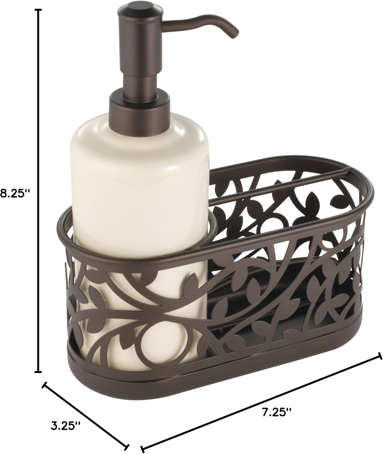 iDesign Ceramic Bathroom Soap Dispenser Set with Soap Pump and Caddy, The Vine Collection – 13oz, 7.25 x 3.25 x 8.25, Vanilla and Bronze