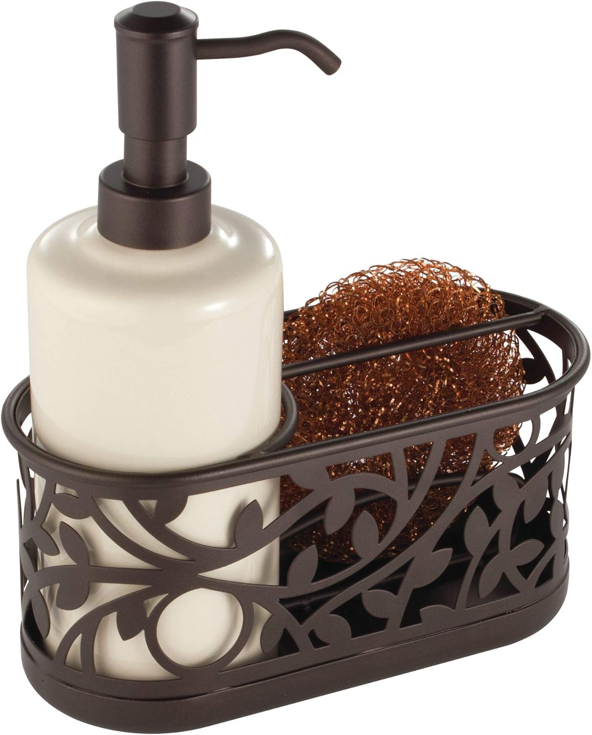 iDesign Ceramic Bathroom Soap Dispenser Set with Soap Pump and Caddy, The Vine Collection – 13oz, 7.25 x 3.25 x 8.25, Vanilla and Bronze