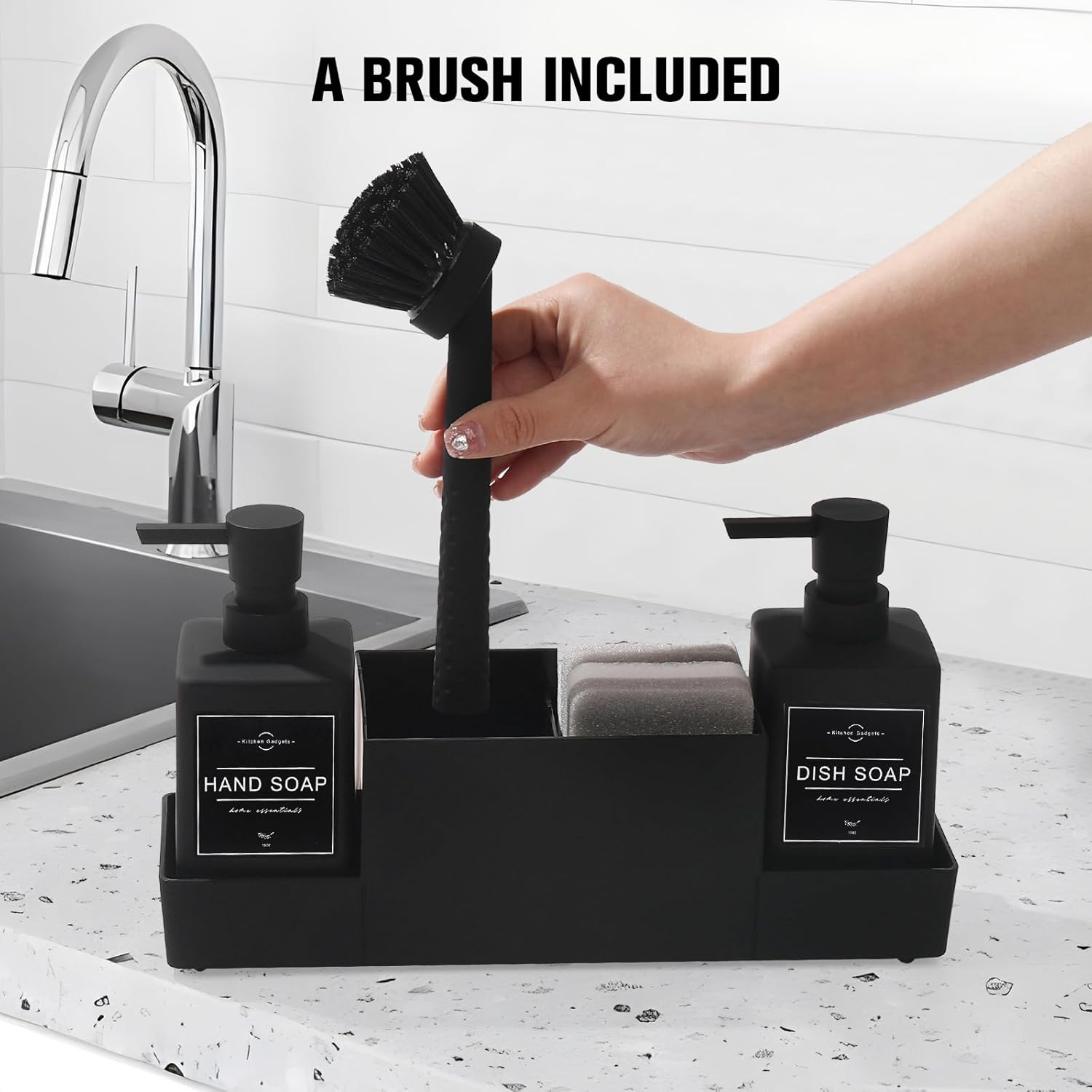 Kitchen Soap Dispenser with Sponge Holder and Brush, Dish Soap and Hand Soap Dispenser for Kitchen Sink (Matte Black, 4 in 1)
