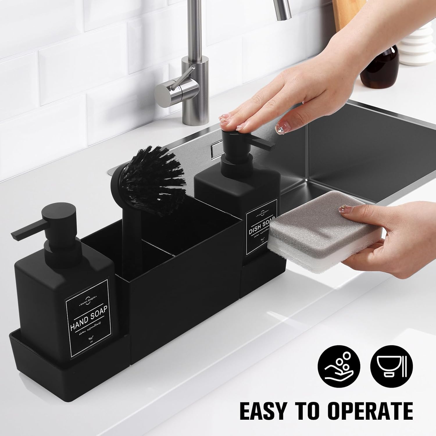 Kitchen Soap Dispenser with Sponge Holder and Brush, Dish Soap and Hand Soap Dispenser for Kitchen Sink (Matte Black, 4 in 1)