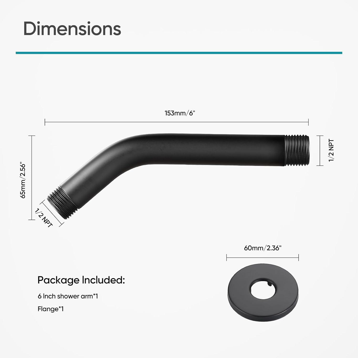 Cobbe Shower Arm with Flange and Teflon Tape, 6-Inches Wall Mounted Shower Pipe Arm Extension for Fixed Shower Head, Matte Black Cobbe Shower Arm with Flange and Teflon Tape, 6-Inches Wall Mounted Shower Pipe Arm Extension for Fixed Shower Head, Matte Black
