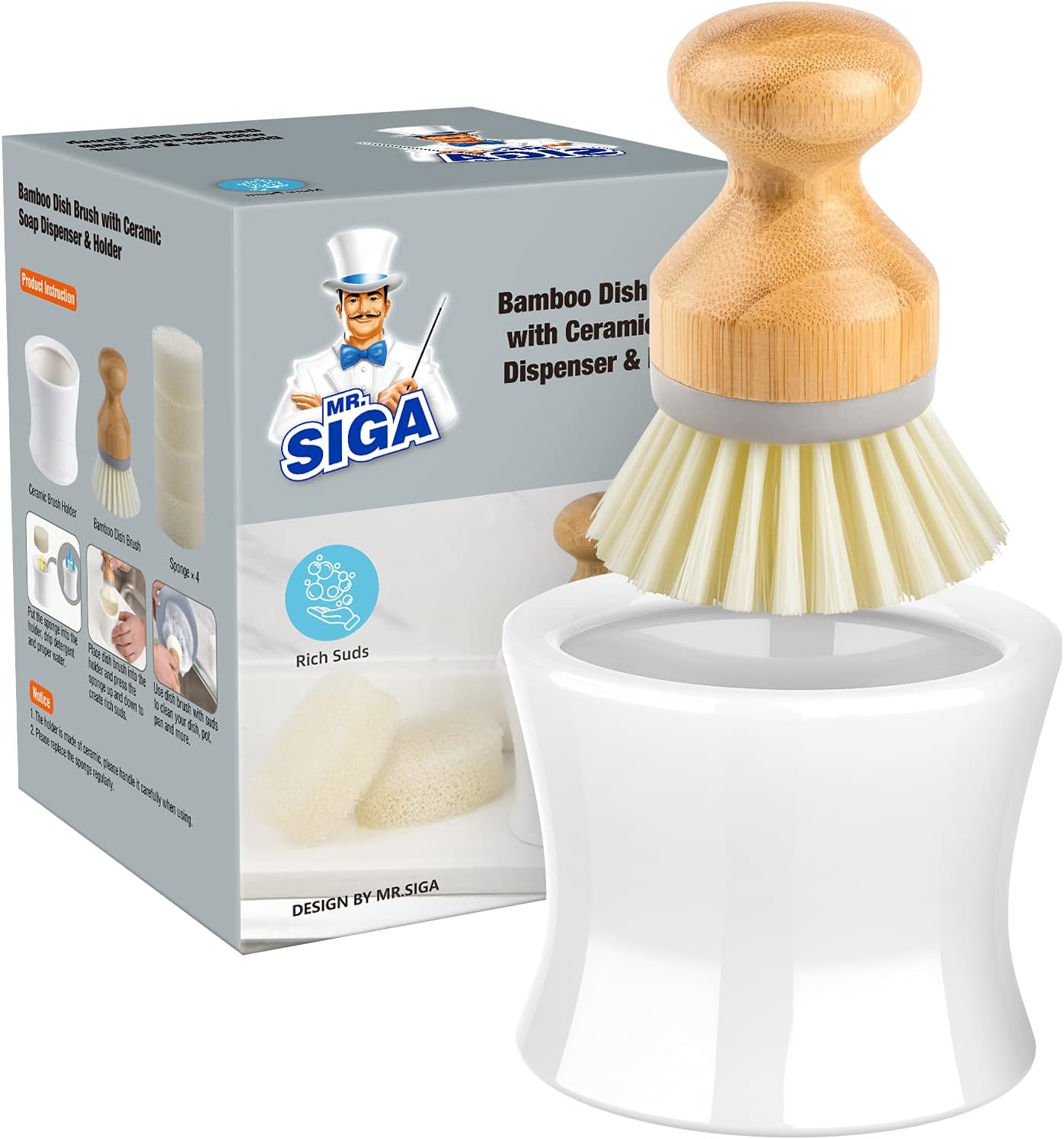 MR.SIGA Dish Soap Dispenser Holder, Bamboo Dish Brush with Soap Dispenser Set, Includes 4 Replaceable Sponges, Dish Brush Holder in White MR.SIGA Dish Soap Dispenser Holder, Bamboo Dish Brush with Soap Dispenser Set, Includes 4 Replaceable Sponges, Dish Brush Holder in White