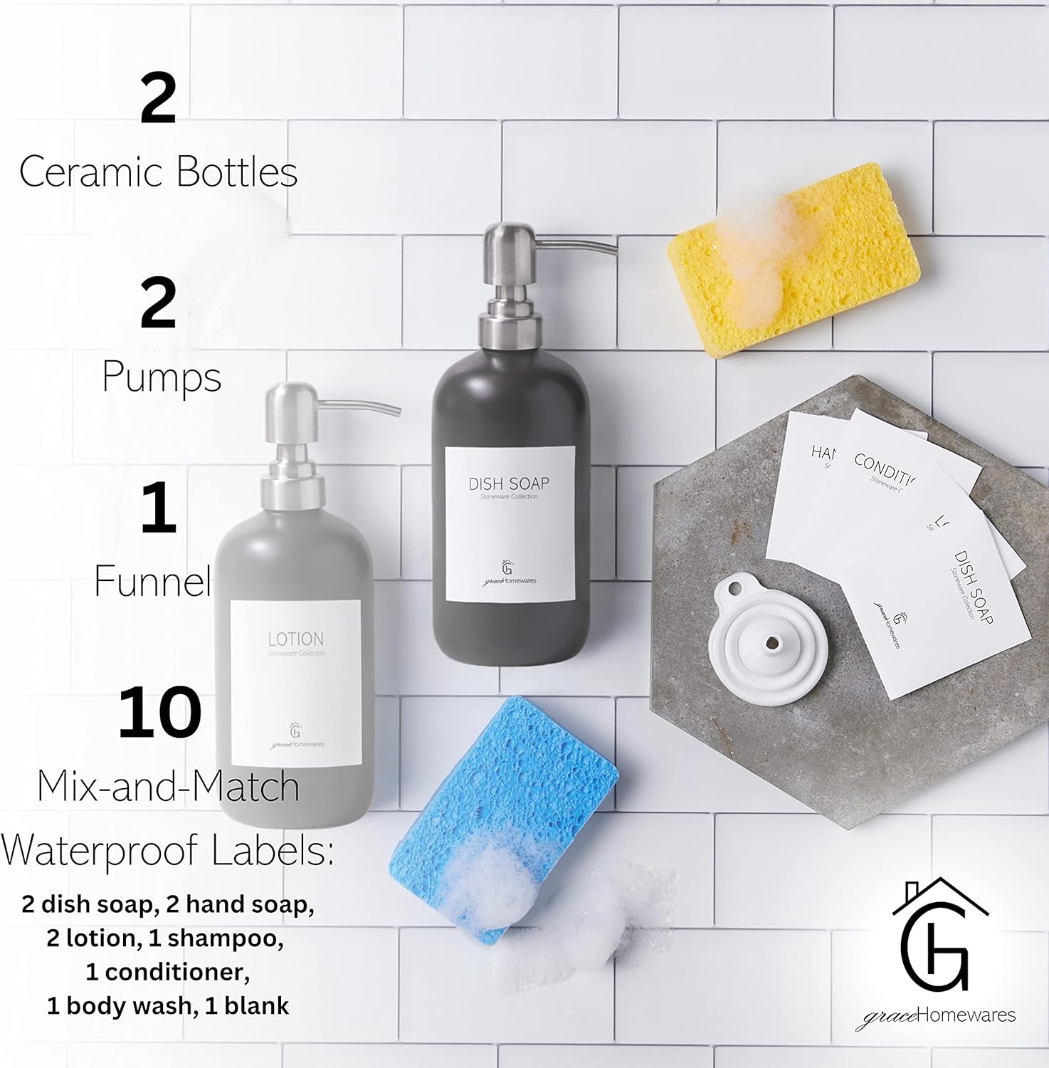 GraceHomewares Stoneware Ceramic Dish Soap Dispenser for Kitchen Sink | Kitchen Soap Dispenser Set | Soap Holder | Bathroom Hand Soap Dispenser | Waterproof Labels | 2 Pack | Black w/Silver Pump GraceHomewares Stoneware Ceramic Dish Soap Dispenser for Kitchen Sink | Kitchen Soap Dispenser Set | Soap Holder | Bathroom Hand Soap Dispenser | Waterproof Labels | 2 Pack | Black w/Silver Pump