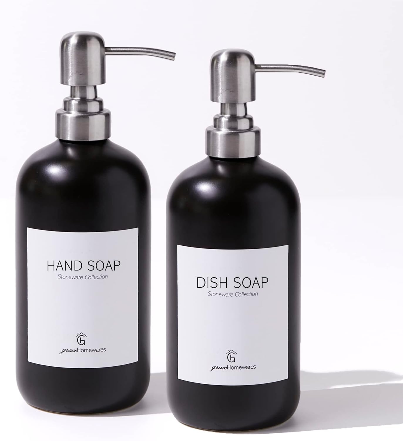 GraceHomewares Stoneware Ceramic Dish Soap Dispenser for Kitchen Sink | Kitchen Soap Dispenser Set | Soap Holder | Bathroom Hand Soap Dispenser | Waterproof Labels | 2 Pack | Black w/Silver Pump GraceHomewares Stoneware Ceramic Dish Soap Dispenser for Kitchen Sink | Kitchen Soap Dispenser Set | Soap Holder | Bathroom Hand Soap Dispenser | Waterproof Labels | 2 Pack | Black w/Silver Pump