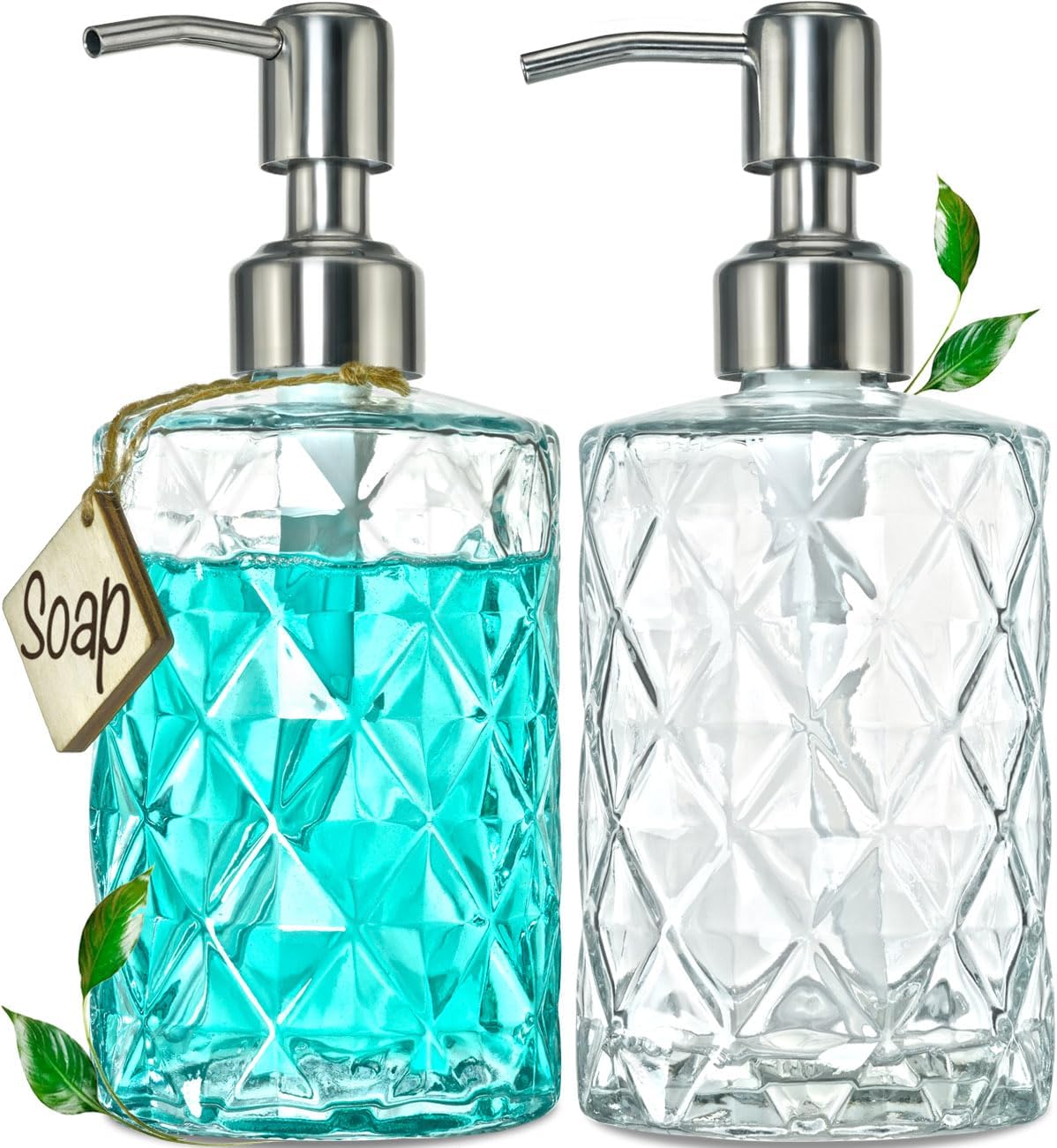 JASAI 2Pack Diamond Embossed Glass Soap Dispenser with 304 Rustproof Stainless Steel Pump, 12 OZ Bathroom soap Dispenser with A Wooden Tag, Elegant Hand Soap Dispenser for Bathroom Kitchen JASAI 2Pack Diamond Embossed Glass Soap Dispenser with 304 Rustproof Stainless Steel Pump, 12 OZ Bathroom soap Dispenser with A Wooden Tag, Elegant Hand Soap Dispenser for Bathroom Kitchen