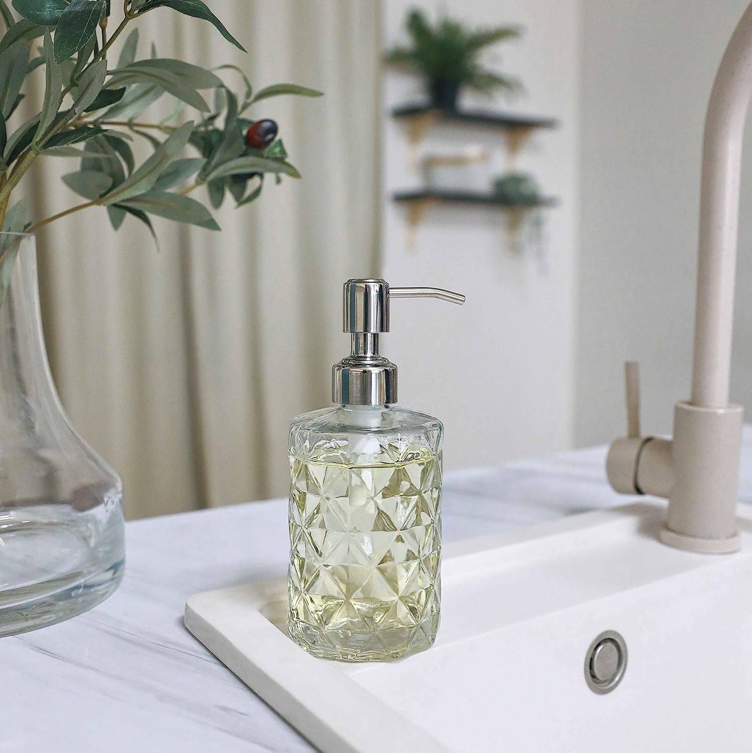 JASAI 2Pack Diamond Embossed Glass Soap Dispenser with 304 Rustproof Stainless Steel Pump, 12 OZ Bathroom soap Dispenser with A Wooden Tag, Elegant Hand Soap Dispenser for Bathroom Kitchen JASAI 2Pack Diamond Embossed Glass Soap Dispenser with 304 Rustproof Stainless Steel Pump, 12 OZ Bathroom soap Dispenser with A Wooden Tag, Elegant Hand Soap Dispenser for Bathroom Kitchen