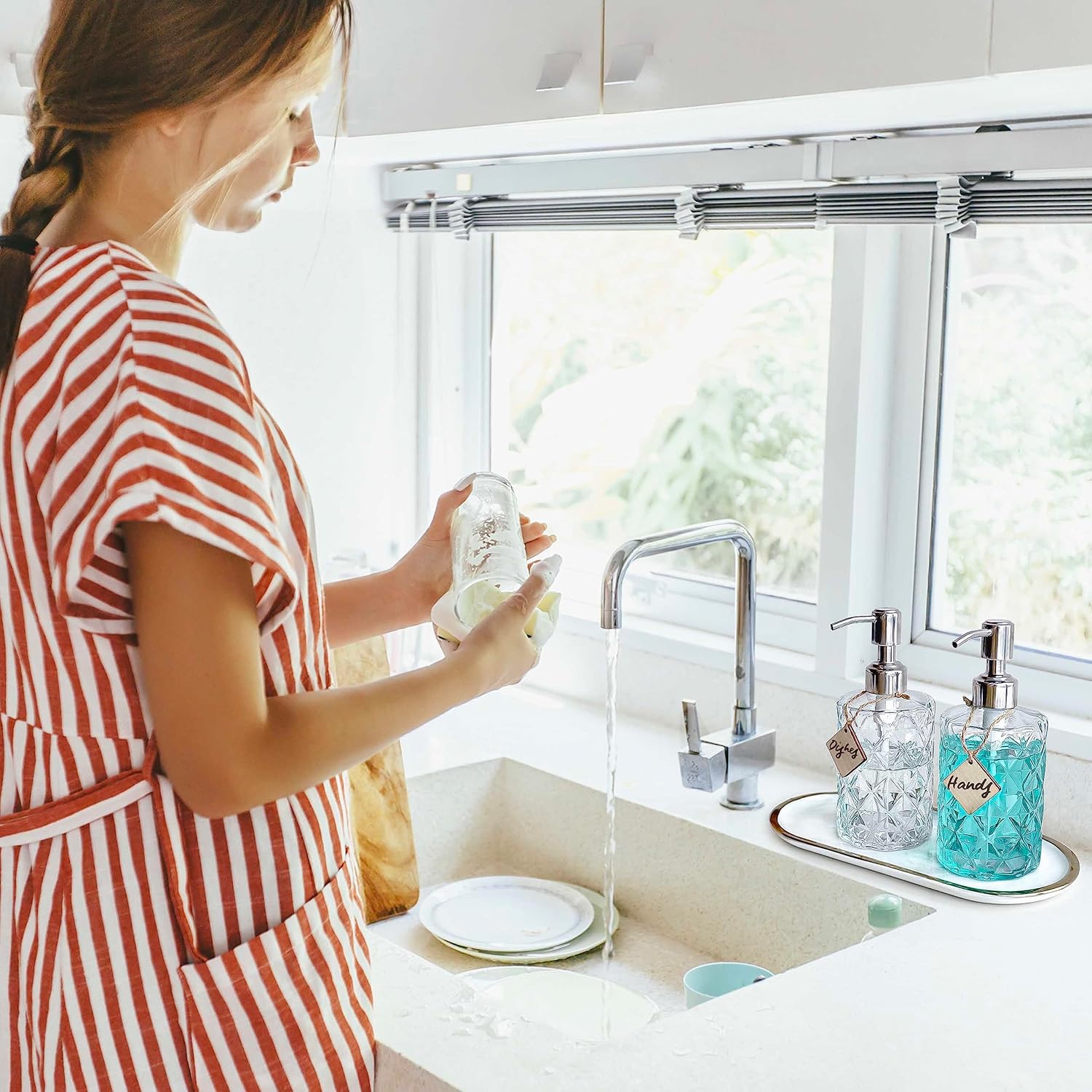 JASAI 2Pack Diamond Embossed Glass Soap Dispenser with 304 Rustproof Stainless Steel Pump, 12 OZ Bathroom soap Dispenser with A Wooden Tag, Elegant Hand Soap Dispenser for Bathroom Kitchen JASAI 2Pack Diamond Embossed Glass Soap Dispenser with 304 Rustproof Stainless Steel Pump, 12 OZ Bathroom soap Dispenser with A Wooden Tag, Elegant Hand Soap Dispenser for Bathroom Kitchen