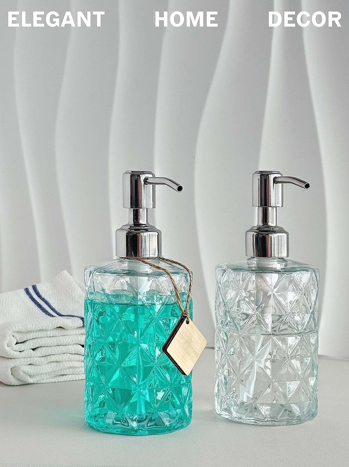 JASAI 2Pack Diamond Embossed Glass Soap Dispenser with 304 Rustproof Stainless Steel Pump, 12 OZ Bathroom soap Dispenser with A Wooden Tag, Elegant Hand Soap Dispenser for Bathroom Kitchen JASAI 2Pack Diamond Embossed Glass Soap Dispenser with 304 Rustproof Stainless Steel Pump, 12 OZ Bathroom soap Dispenser with A Wooden Tag, Elegant Hand Soap Dispenser for Bathroom Kitchen