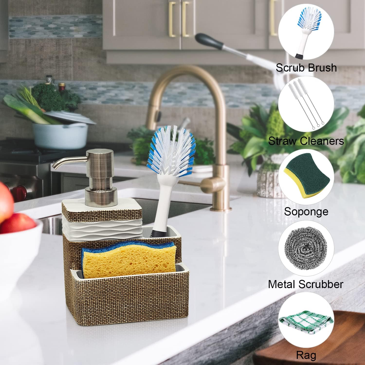 Kitchen Dish Soap Dispenser with Sponge HolderBrush Holder for Sink Organize Eco-Friendly Resin Hand Soap Sponge Dispenser 3 in 1 Hold 11oz Liquid Dish Soap,Scrubber for Bathroom-BrownWhite Kitchen Dish Soap Dispenser with Sponge HolderBrush Holder for Sink Organize Eco-Friendly Resin Hand Soap Sponge Dispenser 3 in 1 Hold 11oz Liquid Dish Soap,Scrubber for Bathroom-BrownWhite