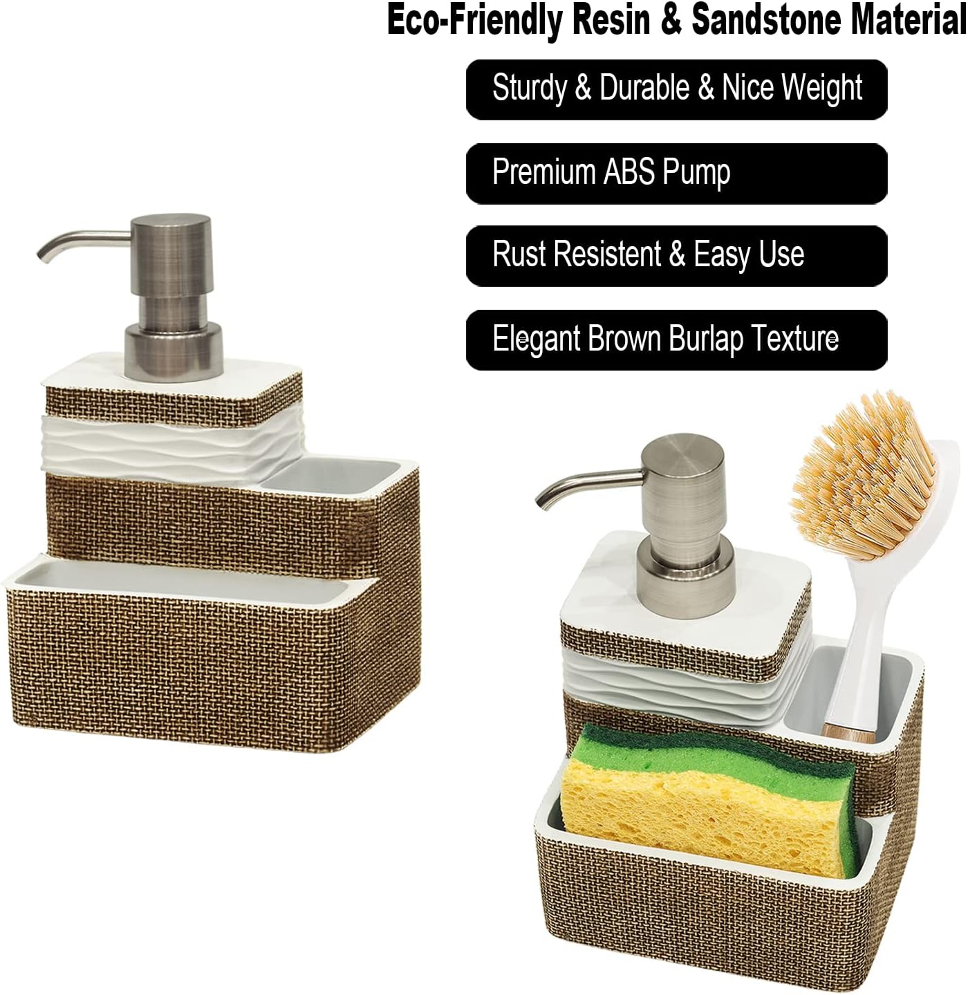 Kitchen Dish Soap Dispenser with Sponge HolderBrush Holder for Sink Organize Eco-Friendly Resin Hand Soap Sponge Dispenser 3 in 1 Hold 11oz Liquid Dish Soap,Scrubber for Bathroom-BrownWhite Kitchen Dish Soap Dispenser with Sponge HolderBrush Holder for Sink Organize Eco-Friendly Resin Hand Soap Sponge Dispenser 3 in 1 Hold 11oz Liquid Dish Soap,Scrubber for Bathroom-BrownWhite