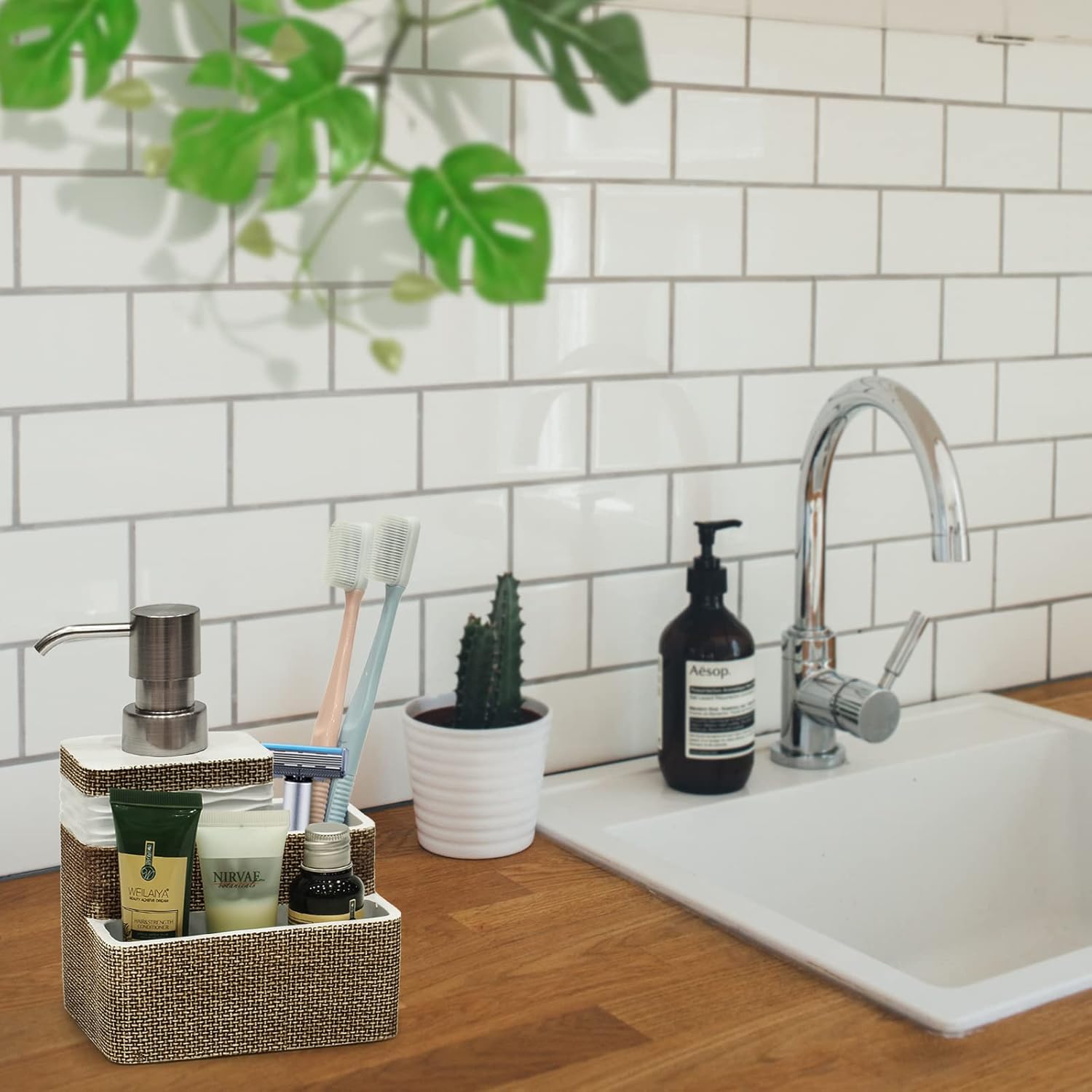 Kitchen Dish Soap Dispenser with Sponge HolderBrush Holder for Sink Organize Eco-Friendly Resin Hand Soap Sponge Dispenser 3 in 1 Hold 11oz Liquid Dish Soap,Scrubber for Bathroom-BrownWhite Kitchen Dish Soap Dispenser with Sponge HolderBrush Holder for Sink Organize Eco-Friendly Resin Hand Soap Sponge Dispenser 3 in 1 Hold 11oz Liquid Dish Soap,Scrubber for Bathroom-BrownWhite
