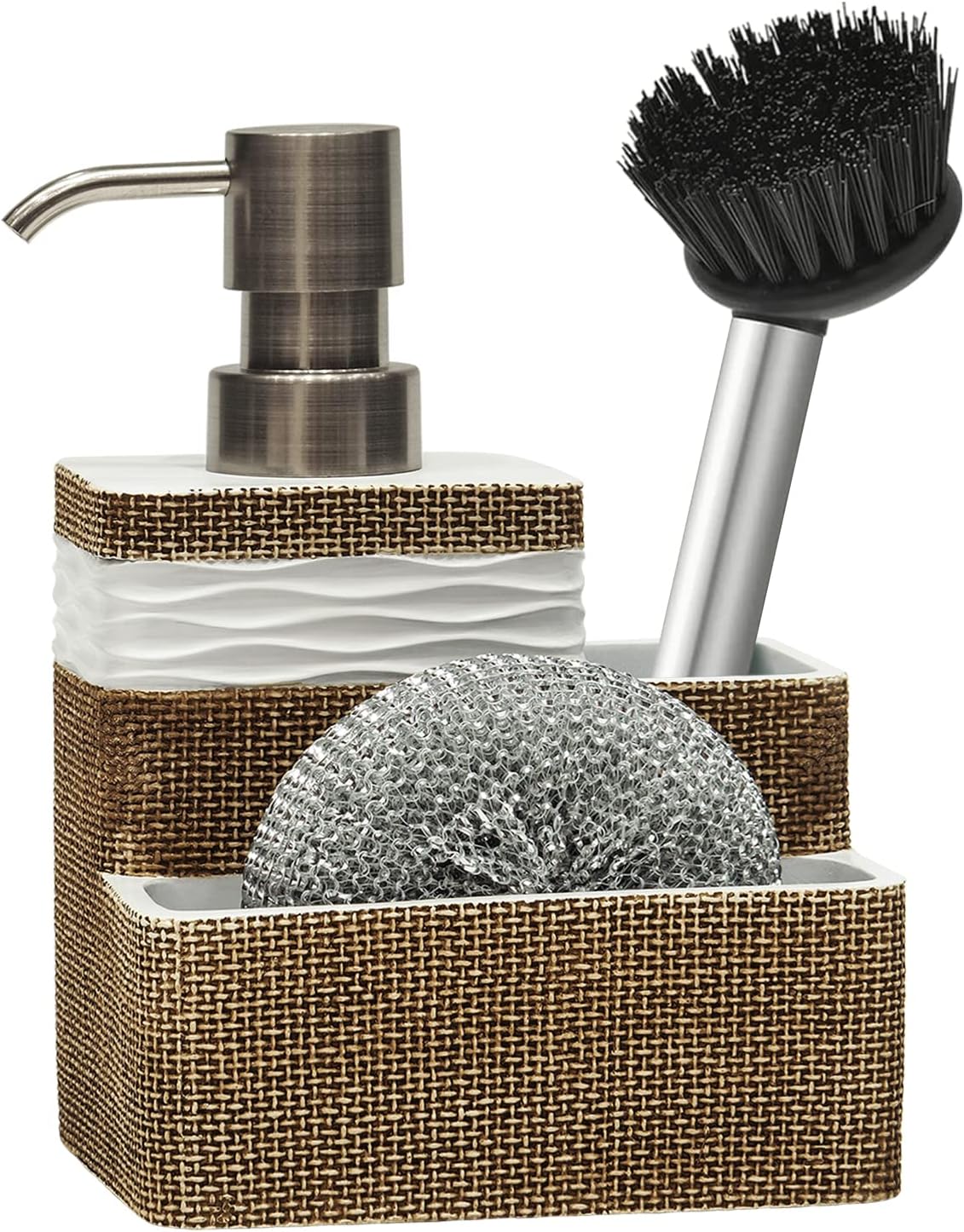 Kitchen Dish Soap Dispenser with Sponge HolderBrush Holder for Sink Organize Eco-Friendly Resin Hand Soap Sponge Dispenser 3 in 1 Hold 11oz Liquid Dish Soap,Scrubber for Bathroom-BrownWhite Kitchen Dish Soap Dispenser with Sponge HolderBrush Holder for Sink Organize Eco-Friendly Resin Hand Soap Sponge Dispenser 3 in 1 Hold 11oz Liquid Dish Soap,Scrubber for Bathroom-BrownWhite