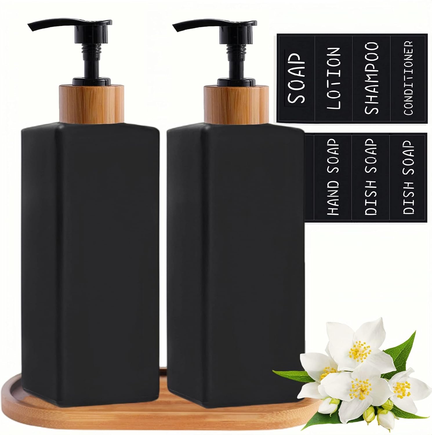 Matt Black Glass Soap Dispenser Set With Tray - 2 Pack 12 oz Hand and Dish Dispenser for Kitchen Bathroom, Refillable Liquid Lotion Square (Black) Matt Black Glass Soap Dispenser Set With Tray - 2 Pack 12 oz Hand and Dish Dispenser for Kitchen Bathroom, Refillable Liquid Lotion Square (Black)