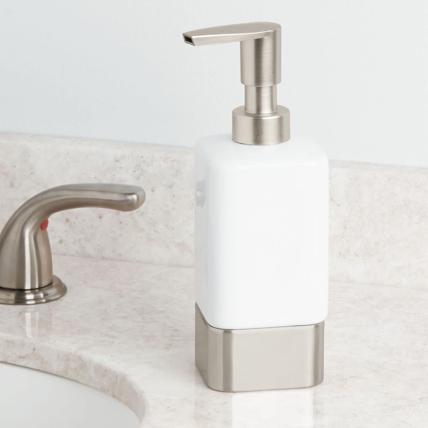 mDesign Square Ceramic Bathroom Soap Dispenser - Decorative, Modern Liquid Soap Dispenser Pump Bottle - Hand Soap/Wash and Lotion Holder for Sink - Unity Collection - 2 Pack - White/Matte Satin mDesign Square Ceramic Bathroom Soap Dispenser - Decorative, Modern Liquid Soap Dispenser Pump Bottle - Hand Soap/Wash and Lotion Holder for Sink - Unity Collection - 2 Pack - White/Matte Satin