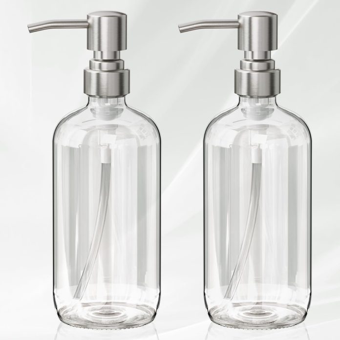 amazerbath-soap-dispenser-pack-glass-soap-dispenser-with-pump-stainless-steel-oz-hand-soap-bottles-bathroom-kitchen-clea