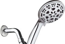 AquaDance Giant 5″ 6-Setting All Chrome High Pressure Hand Held Shower Head with Hose for Ultimate Shower Spa! Officially Independently Tested to Meet Strict US Quality & Performance Standards!