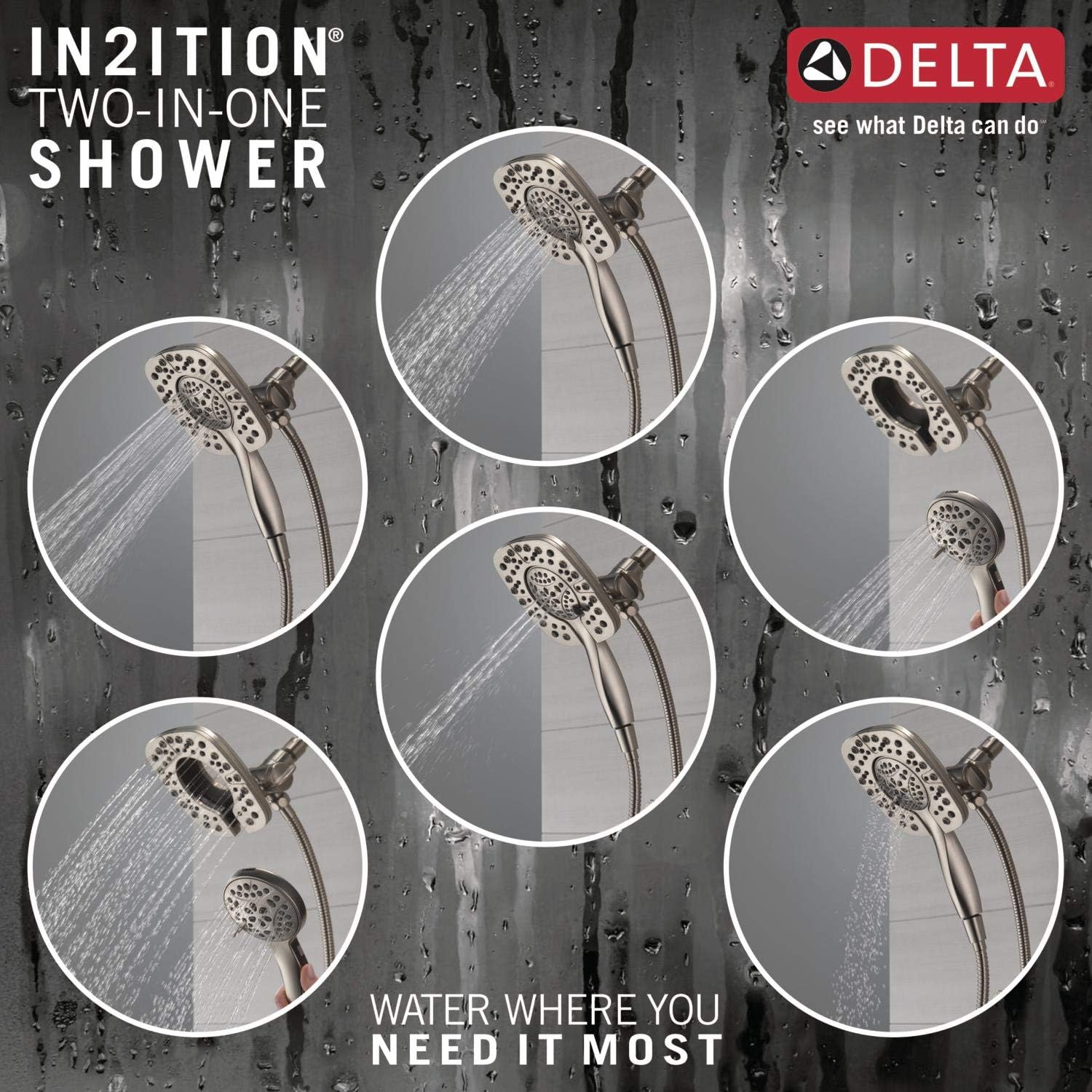 Delta 4-Setting In2ition 2-in-1 Dual Shower Head with HandHeld Spray, Brushed Nickel Detachable Shower Head with Hose, Showerhead, 1.75 GPM Flow Rate, Stainless 58498-SS Delta 4-Setting In2ition 2-in-1 Dual Shower Head with HandHeld Spray, Brushed Nickel Detachable Shower Head with Hose, Showerhead, 1.75 GPM Flow Rate, Stainless 58498-SS