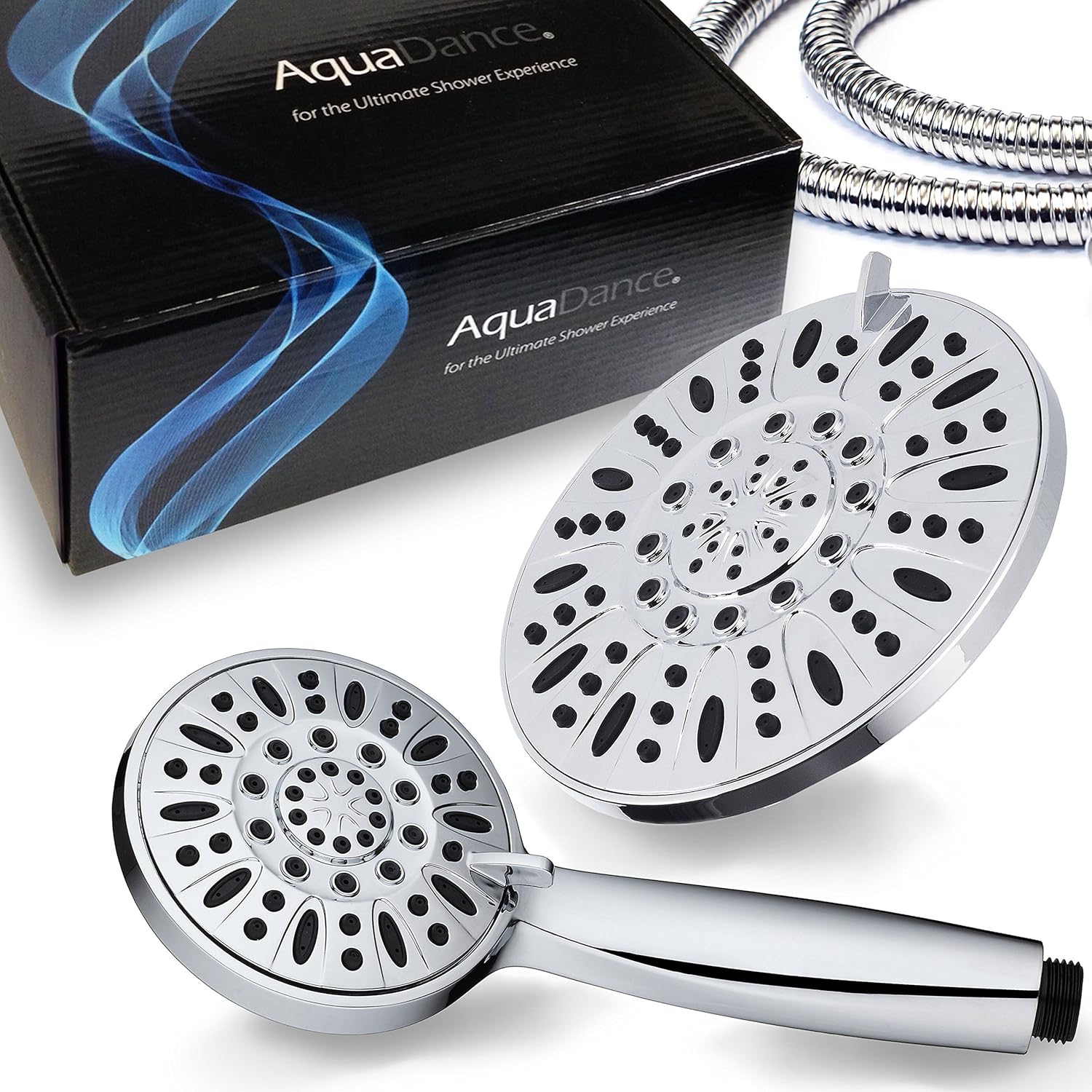 AquaDance Chrome Premium High Pressure 3-Way Rainfall Combo with Extra Long inch Hose – Enjoy Luxury 6-Setting Rain Showerhead and Matching Hand Held Shower Separately or Together AquaDance Chrome Premium High Pressure 3-Way Rainfall Combo with Extra Long inch Hose – Enjoy Luxury 6-Setting Rain Showerhead and Matching Hand Held Shower Separately or Together