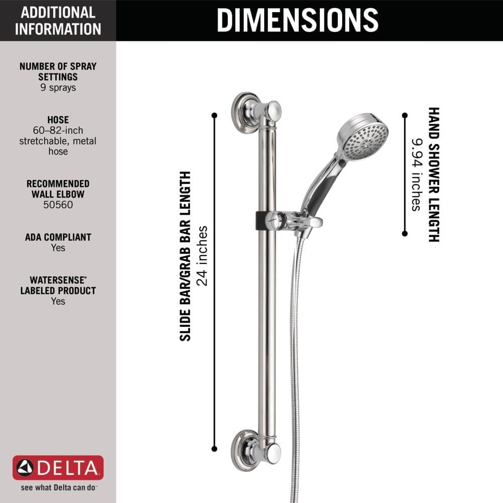 Delta Faucet 9-Spray Slide Bar Hand Held Shower with Hose, Chrome Handheld Shower Head, Slide Bar Hand Shower, Handheld Shower, Detachable Shower Head, Chrome 51900 Delta Faucet 9-Spray Slide Bar Hand Held Shower with Hose, Chrome Handheld Shower Head, Slide Bar Hand Shower, Handheld Shower, Detachable Shower Head, Chrome 51900