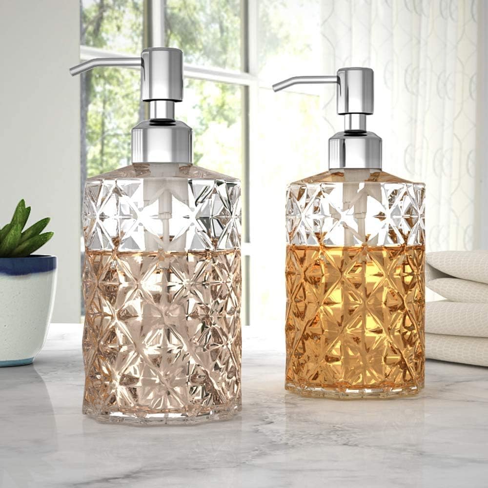GLADPURE Soap Dispenser - Pack, Oz Clear Diamond Design Glass Refillable Hand Soap Dispensers; with Rust Proof Stainless Steel Pump, Lotion Dispensers for Kitchen, Bathroom GLADPURE Soap Dispenser - Pack, Oz Clear Diamond Design Glass Refillable Hand Soap Dispensers; with Rust Proof Stainless Steel Pump, Lotion Dispensers for Kitchen, Bathroom