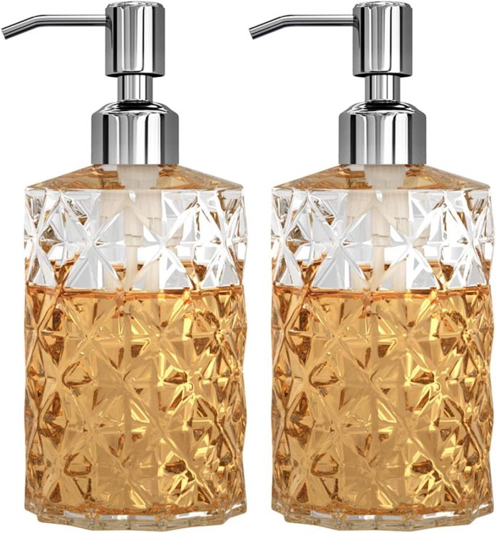 gladpure-soap-dispenser-pack-oz-clear-diamond-design-glass-refillable-hand-soap-dispensers-with-rust-proof-stainless-ste