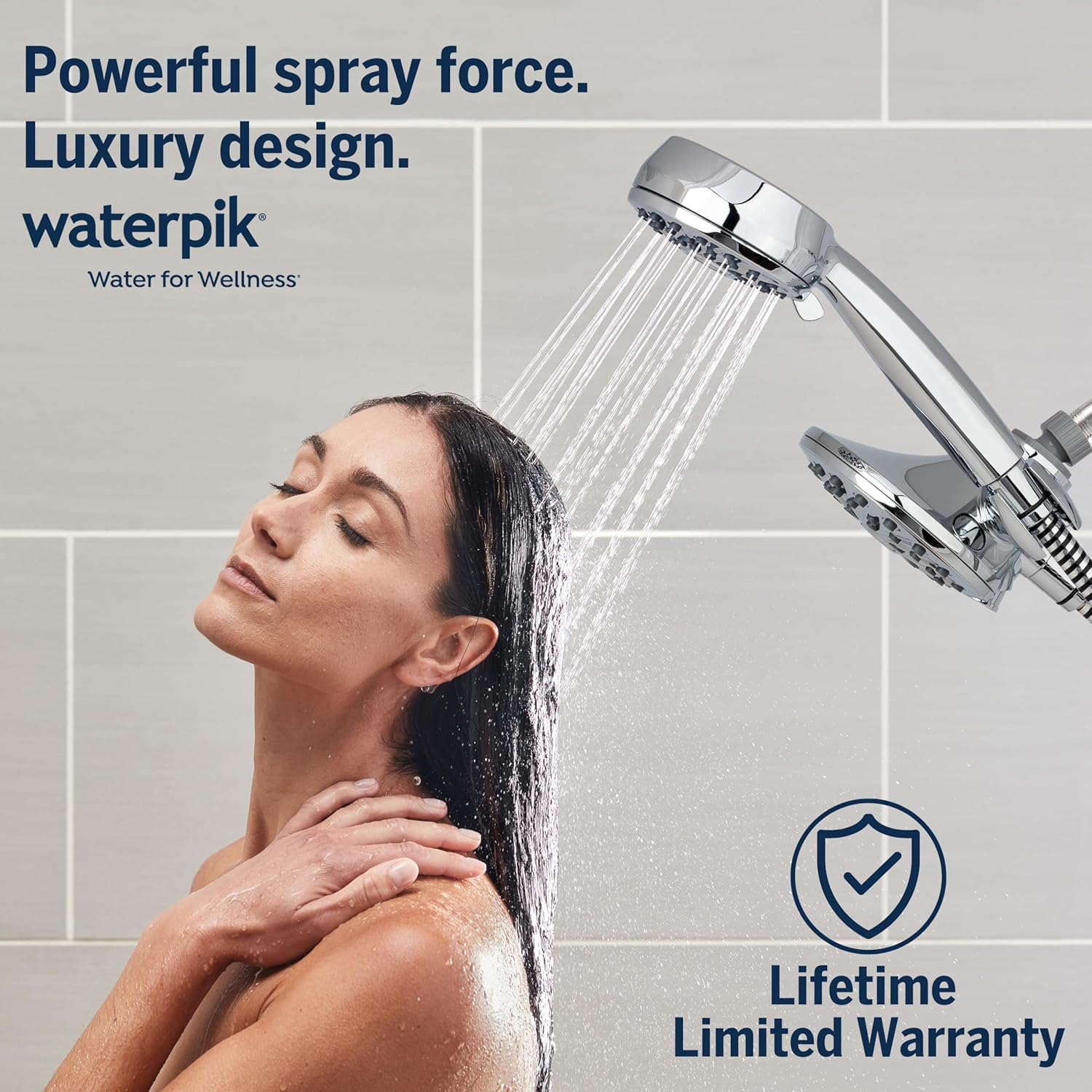 Waterpik One-Touch Dual 2-in-1 Shower System With Rain Shower Head and 7-Mode Hand Held Shower Head, Chrome XPB-133E-763E PowerPulse Chrome Settings Showerhead Combo 1.8 gpm Waterpik One-Touch Dual 2-in-1 Shower System With Rain Shower Head and 7-Mode Hand Held Shower Head, Chrome XPB-133E-763E PowerPulse Chrome Settings Showerhead Combo 1.8 gpm