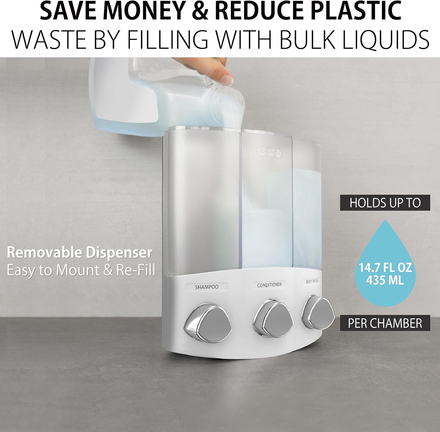 Better Living Products, White Euro Series TRIO 3-Chamber Soap and Shower Dispenser Better Living Products, White Euro Series TRIO 3-Chamber Soap and Shower Dispenser