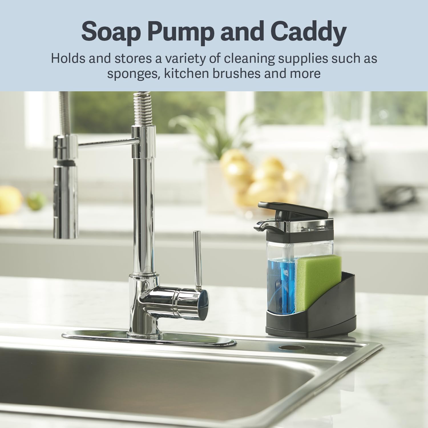 Casabella Sink Sider Solo Kitchen Soap Pump and Sponge Caddy, Black/Chrome - 2-in-1 Soap and Sponge Caddy, One-Hand Soap Dispensing, Ergonomic Design, Easy to Refill and Clean, Efficient Size Casabella Sink Sider Solo Kitchen Soap Pump and Sponge Caddy, Black/Chrome - 2-in-1 Soap and Sponge Caddy, One-Hand Soap Dispensing, Ergonomic Design, Easy to Refill and Clean, Efficient Size
