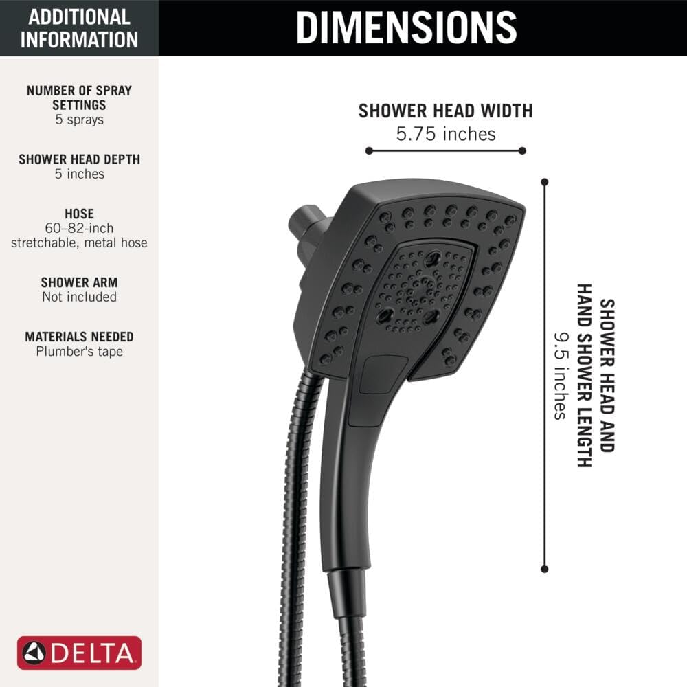 Delta Faucet 5-Spray In2ition 2-in-1 Dual Hand Held Shower Head with Hose, Magnetic Docking Handheld Shower Head, Matte Black 58474-BL25 Delta Faucet 5-Spray In2ition 2-in-1 Dual Hand Held Shower Head with Hose, Magnetic Docking Handheld Shower Head, Matte Black 58474-BL25