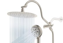 Hibbent All Metal Shower Head, 8” High Pressure Rainfall Shower Head/Handheld Showerhead Combo with 12” Adjustable Curved Shower Extension Arm, 10-Spray, 71” Hose, Shower Holder, Oil Rubbed Bronze