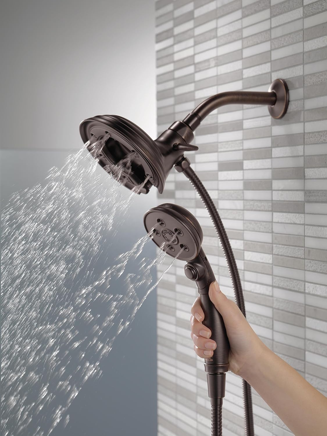 Delta Faucet 4-Spray H2Okinetic In2ition 2-in-1 Dual Hand Held Shower Head with Hose and Magnetic Docking, Venetian Bronze 58471-RB-PK Delta Faucet 4-Spray H2Okinetic In2ition 2-in-1 Dual Hand Held Shower Head with Hose and Magnetic Docking, Venetian Bronze 58471-RB-PK