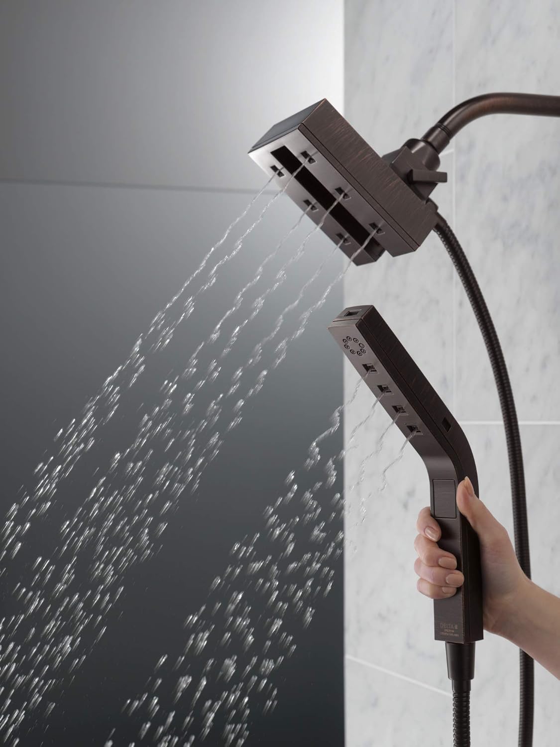 Delta Faucet 4-Spray Touch-Clean H2Okinetic In2ition 2-in-1 Dual Hand Held Shower Head with Hose and Magnetic Docking, Venetian Bronze 58473-RB Delta Faucet 4-Spray Touch-Clean H2Okinetic In2ition 2-in-1 Dual Hand Held Shower Head with Hose and Magnetic Docking, Venetian Bronze 58473-RB
