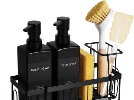 GMISUN Dish Soap Dispenser, 12 fl oz / 350 ml Dual Kitchen Soap Dispensers with Sponge Holder, Customized Matte Black Kitchen Soap Dispenser Set, Modern Hand and Dish Soap Bottle Set Removable